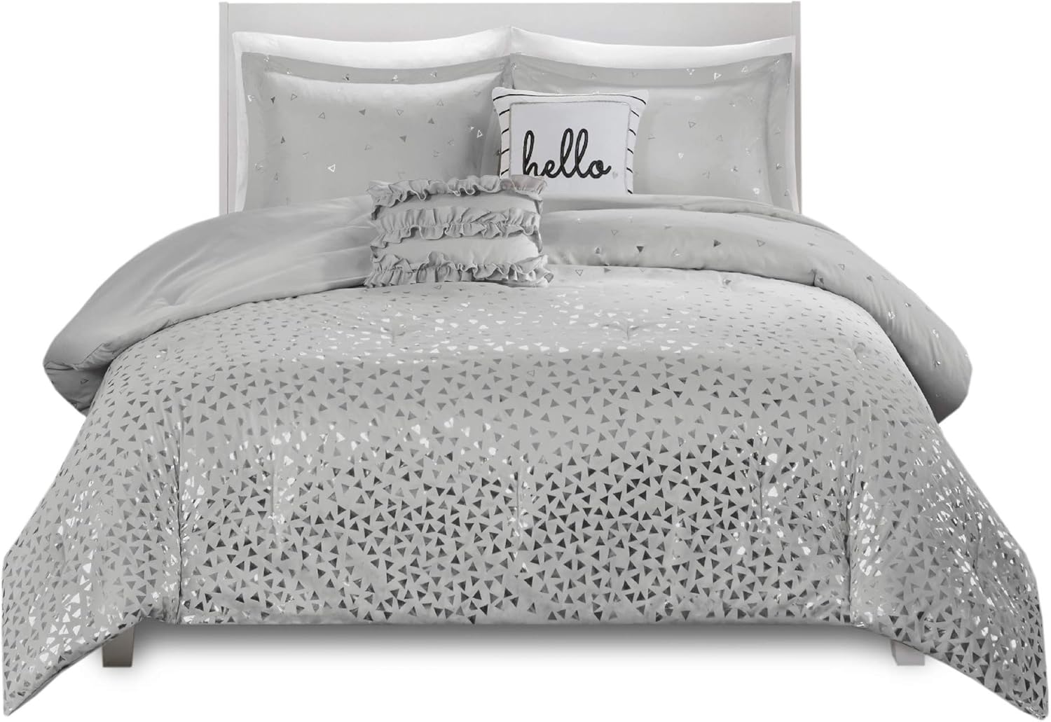 Intelligent Design Zoey Triangle Metallic Print, Cozy Comforter Season Bedding Set, Matching Sham, Decorative Pillow, Full/Queen, Grey/Silver 5 Piece: Home & Kitchen