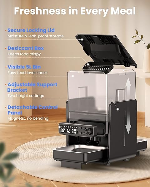 CITYFLEE AUTOMATIC CAT FEEDER FOR 2 CATS, 5L/20 CUPS FOOD DISPENSER WITH ADJUSTABLE RAISED DOUBLE BOWLS, DETACHABLE CONTROL PANEL, TIMED CAT AND DOGS FEEDER FOR DRY FOOD, DUAL POWER SUPPLY