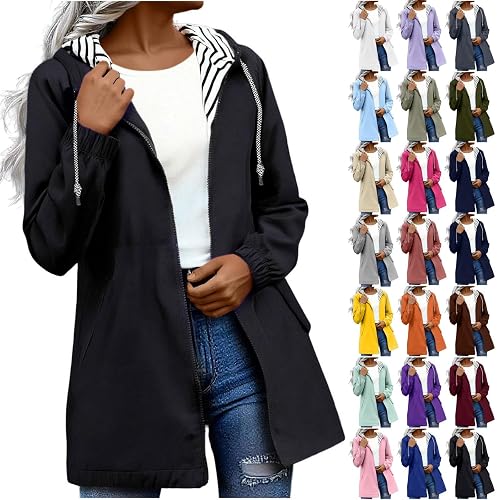 waterproof jacket, Rain Coats for Women, Womens Waterproof Jackets, Lightweight Hooded Long Sleeve Full Zip Raincoat Ladies Windbreaker Plus Size Trench Coat for Hiking Outwear (Dark Gray-B, L)
