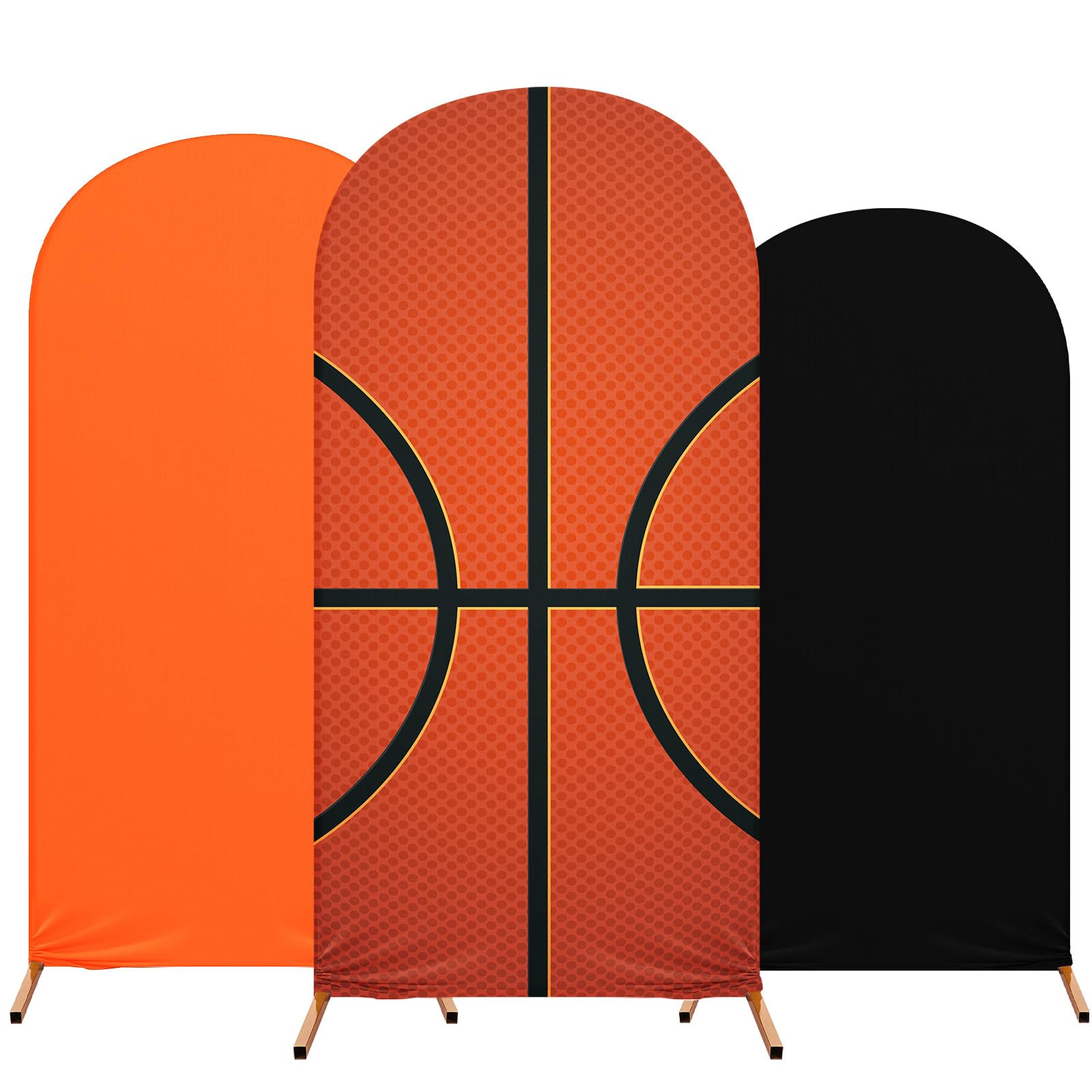 Photo 1 of Preboun 3 Pcs Basketball Arch Backdrop Cover Basketball Theme Birthday Party Decoration Spandex Fitted Wedding Arch Stand Covers Photography for Wedding Birthday Party Decoration, 4ft, 5ft, 6ft