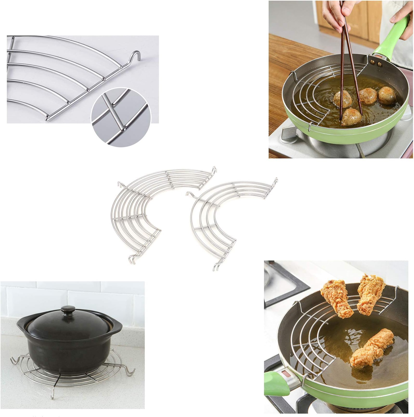 Castuvy Stainless Steel Drain Frying rack, Semi-circular oil Drain Rack Fritters Filter oil Net, Set of 4