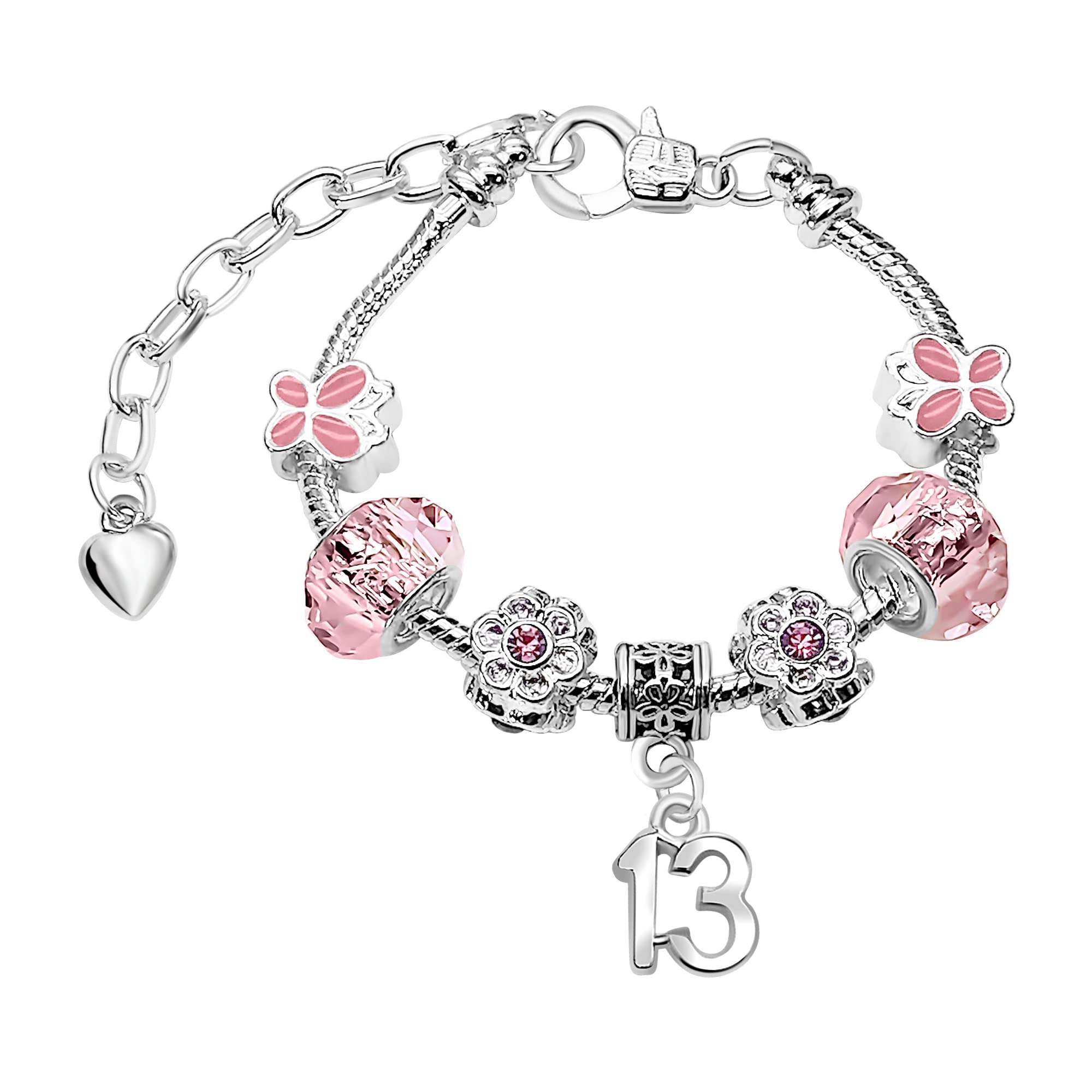 Girls Sparkly 13th Birthday Pink Butterfly Crystal Silver Plated Adjustable Charm Bracelet with Gift Box 13th Birthday Gifts for Girls Age 13