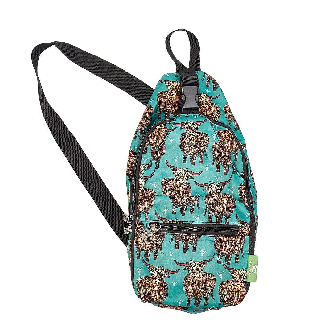 Eco Chic Lightweight Foldable Crossbody Bag Recycled Plastic Shoulder Backpack Folds Into Pouch for Storage (Highland Cow Teal)