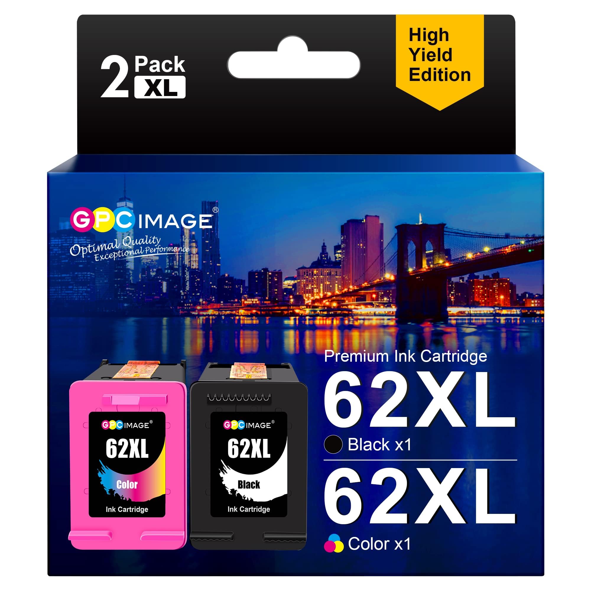 GPC Image 62XL Ink Cartridges Compatible for HP 62 Ink Cartridges Twin Pack for HP Envy 5540 5640 5646 5546 5644 5541 5542 5544 5545 5547 Officejet 250 200 5740 5742 5743 (Black and Colour, 2-Pack)