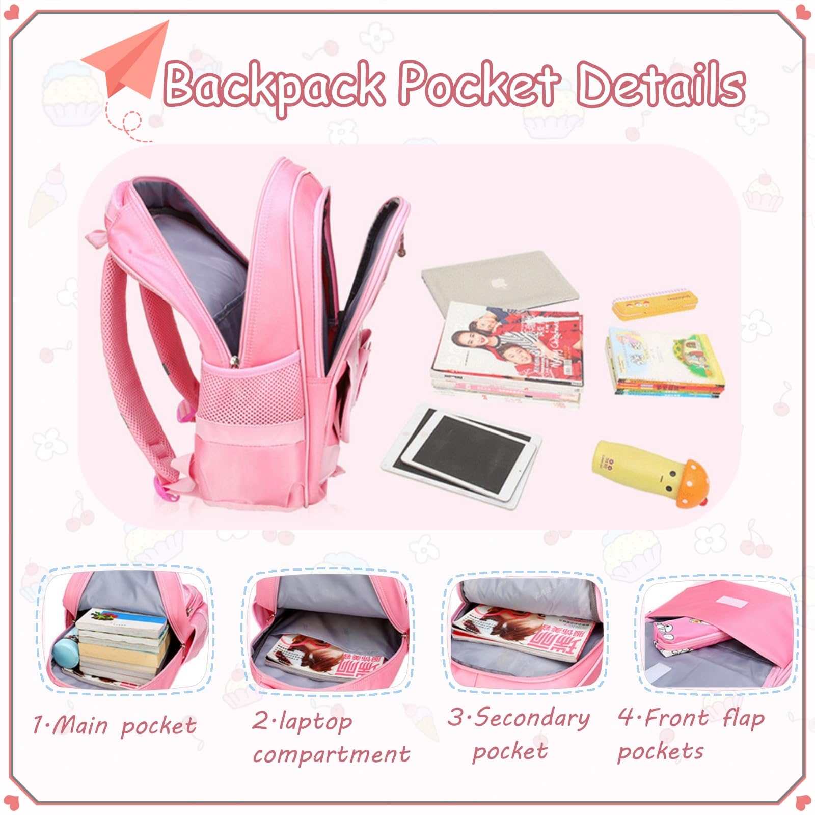VIDOSCLA School Bags for Girls,2Pcs Bowknot Students Backpack,Elementary Princess Bookbag Sets for School
