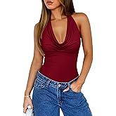 REORIA Womens Sexy Cowl Neck Halter Body Suits Summer Open Back Bodysuit Tank Tops