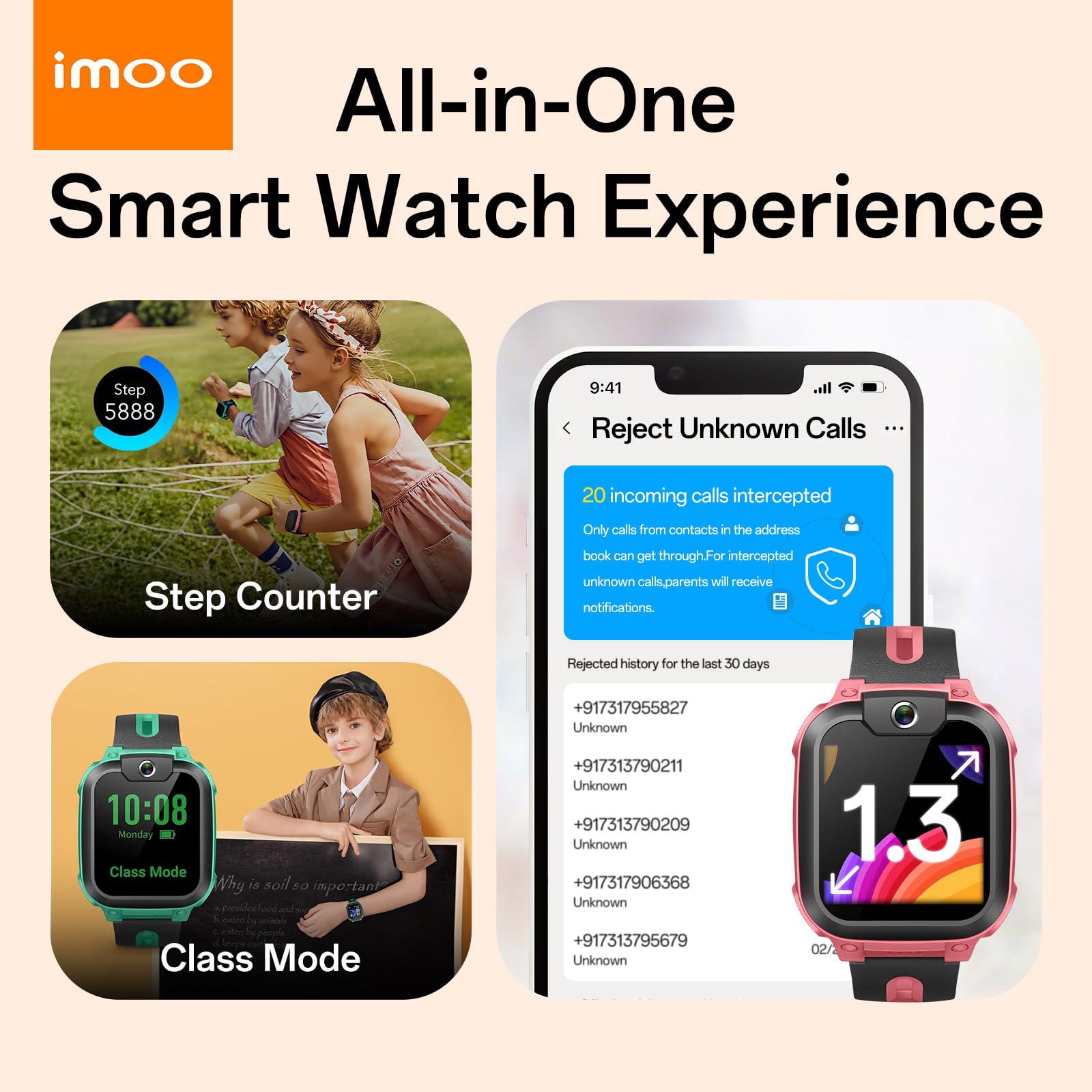imoo Z1 Kinder-Smartwatch, 4G Anrufe Watch, IPX8 Wasserbeständigkeit, 1,3 Zoll, Frontkamera 2 MP, Schrittzähler, Lange Akkulaufzeit, Klassenzimmermodus (Rosa) 7