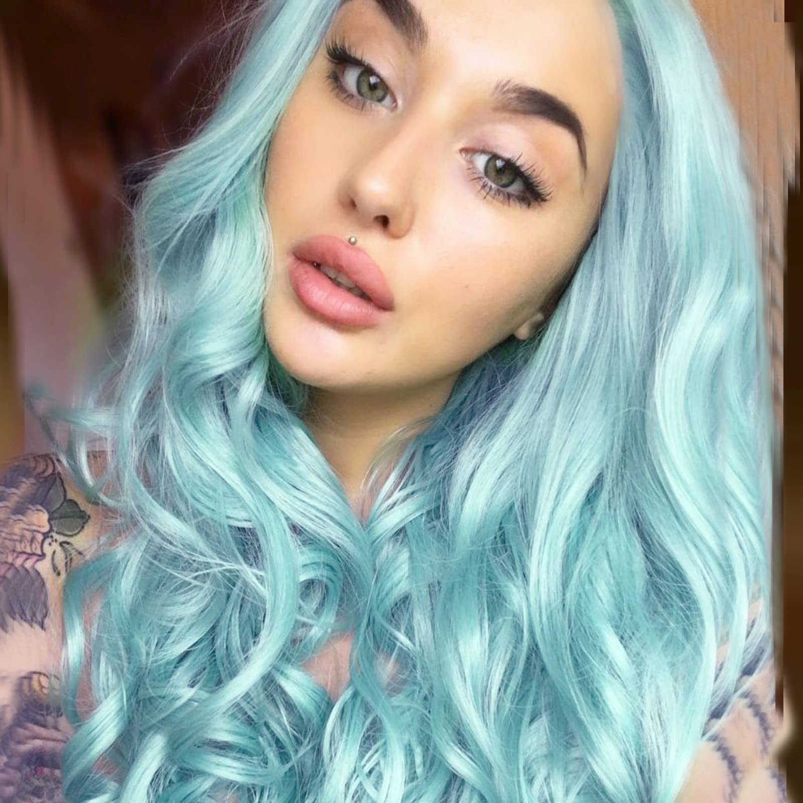 Light Blue Lace Front Wigs for Women Long Wavy Synthetic Baby Blue Wig Middle Part lace Bright Blue Wig Real Hair Wigs Pre-Plucked Hairline Heat Resistant Drag Cosplay 24 Inches