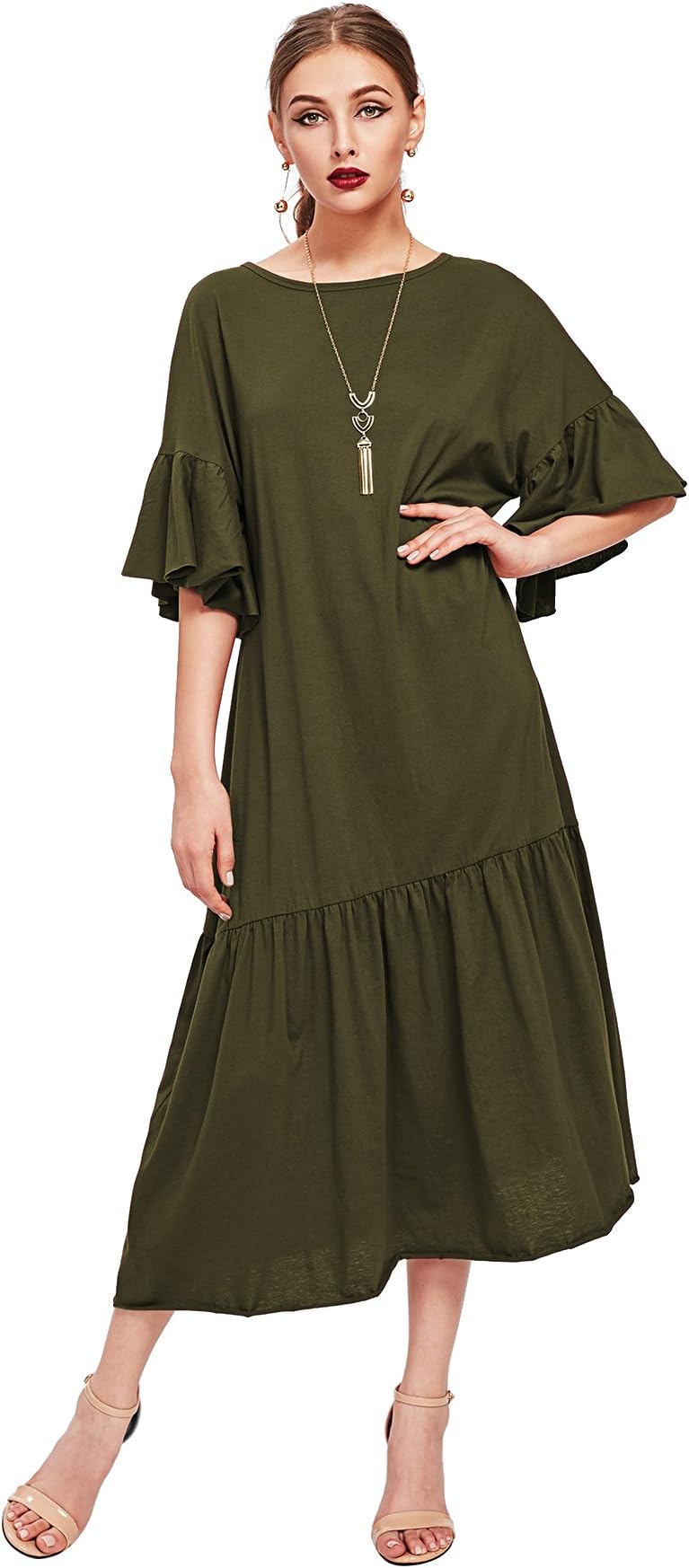 WDIRA Women's Drop Waist Half Sleeve Round Neck Casual Dress