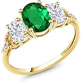 Gem Stone King 10K Yellow Gold Green Simulated Emerald White Moissanite and Diamond Accent 3-Stone Ring For Women | 1.79 Cttw | Oval 8X6MM and 6X4MM | Wedding Engagement Anniversary Ring