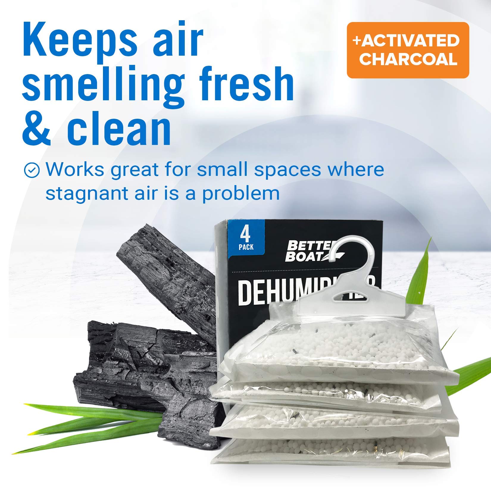 4 Pack Moisture Absorber Hanging Bags, Boat Dehumidifier with Charcoal, Unscented, Removes Dampness and Musty Odors, Ideal for Basement, Closet, Home, Car, RV, and Boating