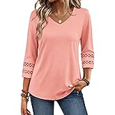 Zeagoo 3/4 Length Sleeve Womens Tops V Neck Dressy Casual Blouses Trendy Eyelet T Shirts Work Clothes S-XXL