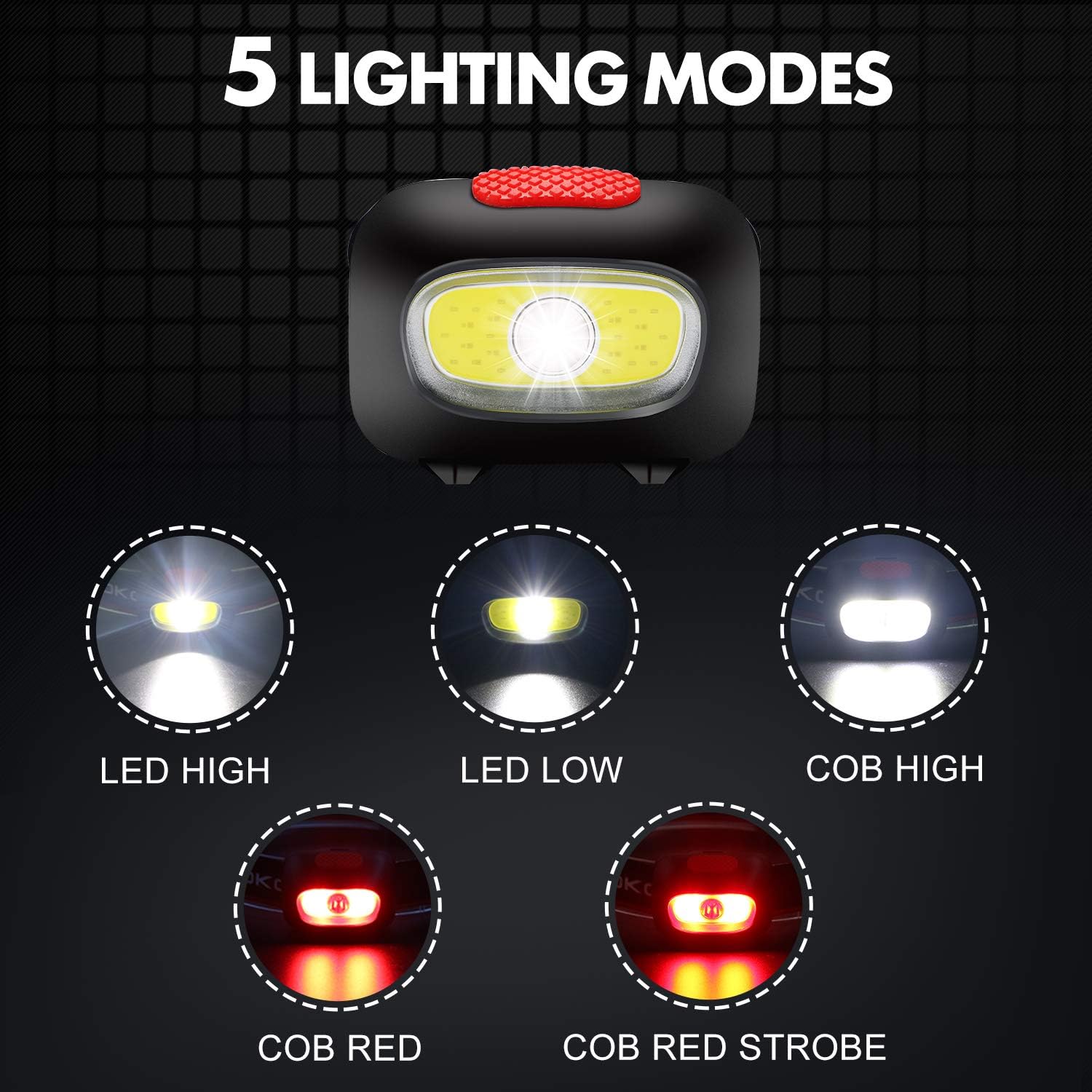 HOKOILN LED Headlamp Flashlight [2PACK] - Running, Camping and Outdoor Headlamps - 5 Modes Adjustable Head Lamp with Red COB Safety Light for Adults and Kids, 6 x AAA Alkaline Batteries (Included): Sports & Outdoors