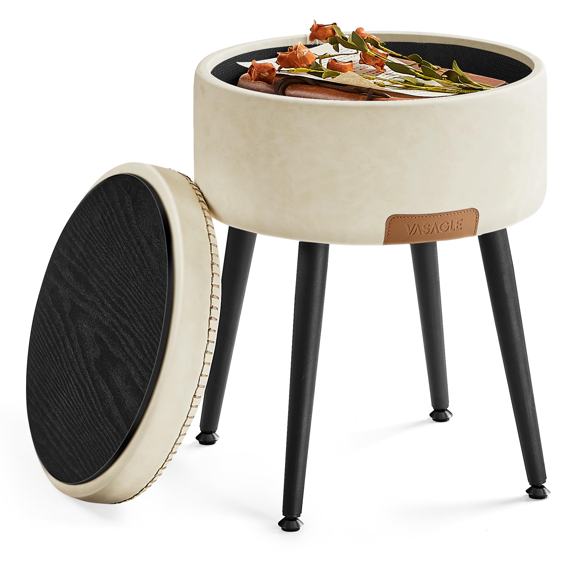 VASAGLE EKHO Collection - Storage Ottoman, Vanity Chair Stool, Synthetic Leather with Stitching, Mid-Century Modern, Round Storage Seat with Steel Legs, Loads 330 lb, Cream White ULOM005W01 Image