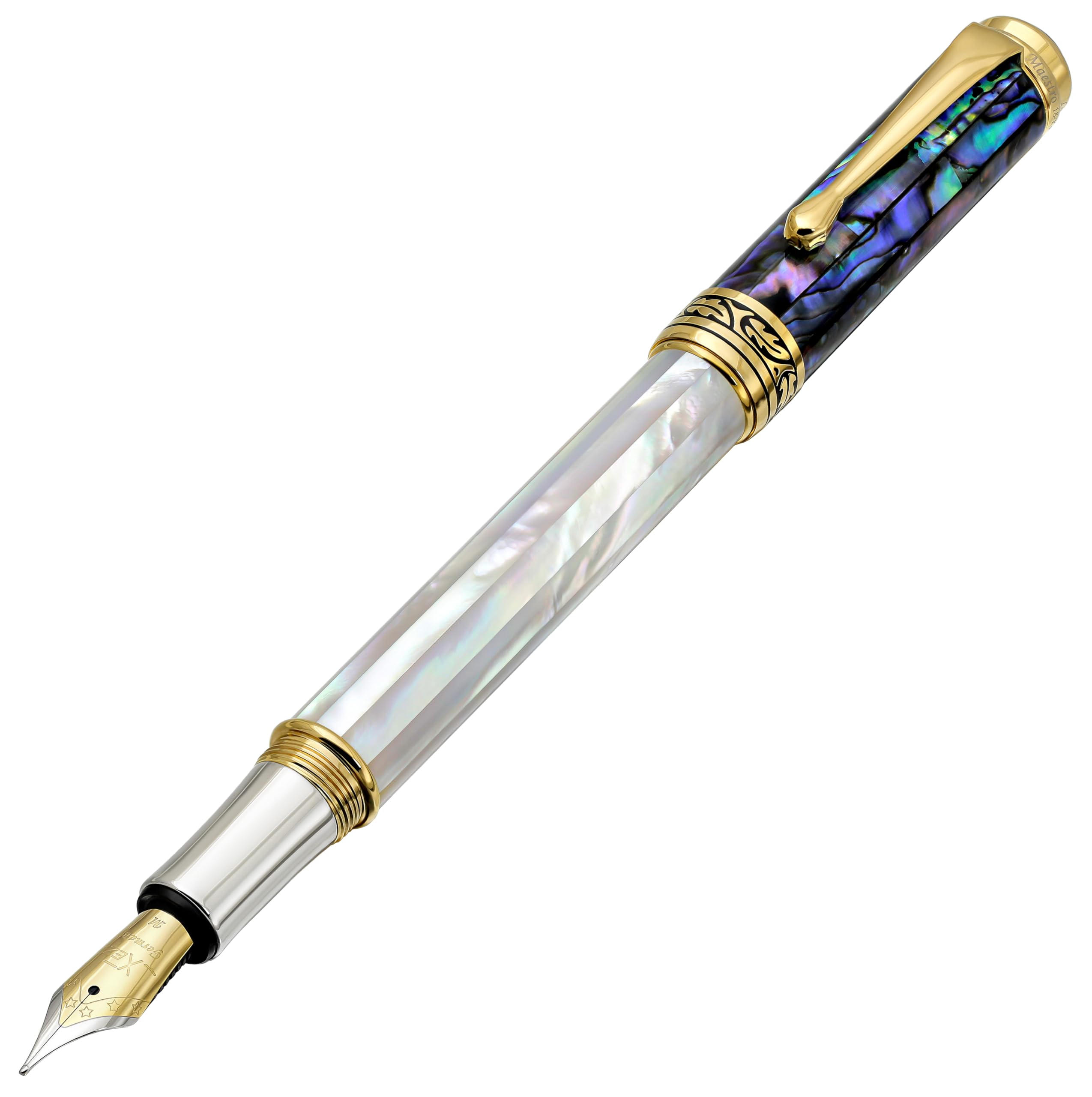 Xezo Maestro Fountain Pen, Medium Nib. Iridescent Oceanic Origin White Mother of Pearl and Pāua Sea Shell. 18 Karat Gold and Pure Platinum Plating. No Two Alike