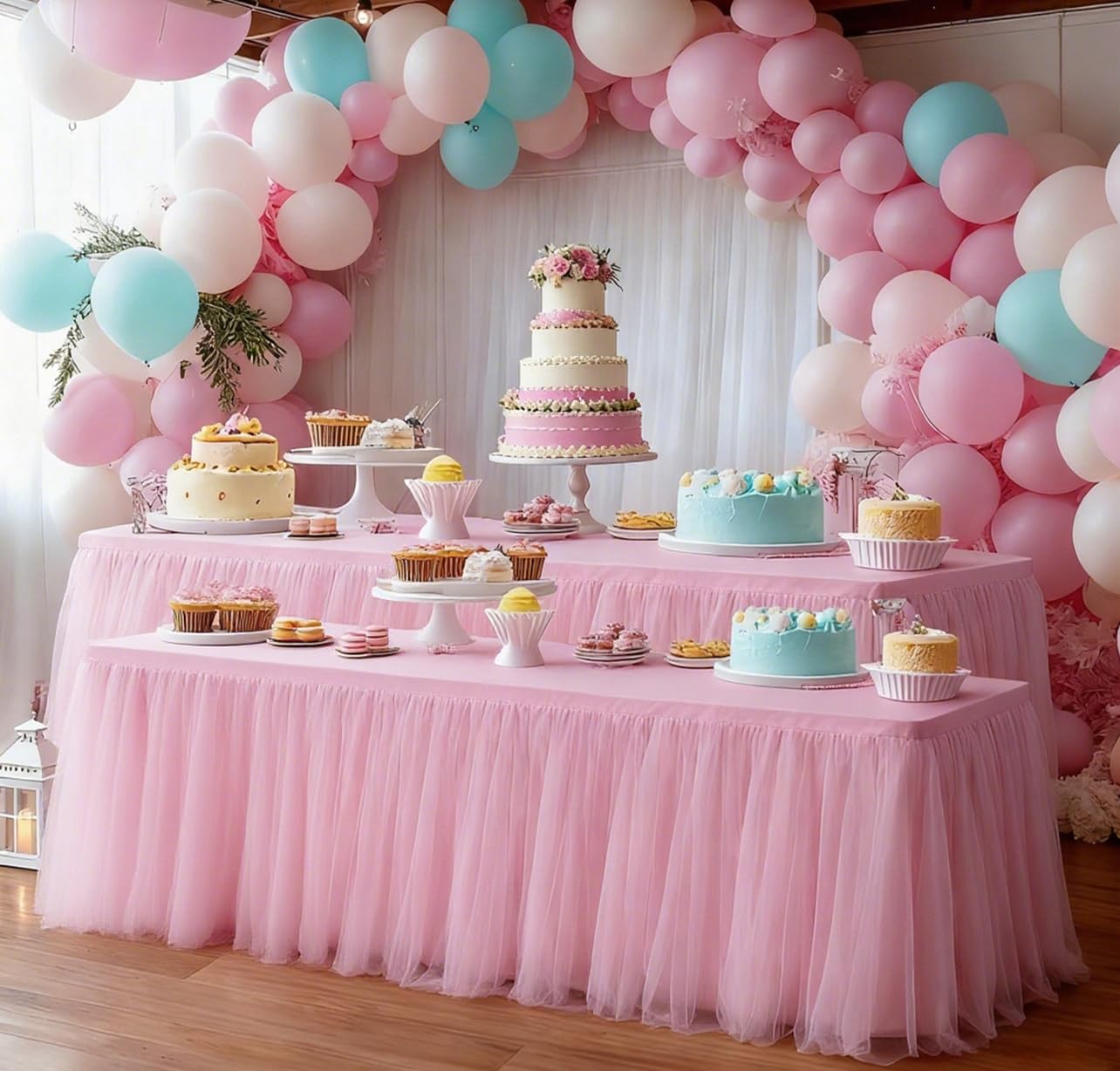 Photo 1 of Yoquare 2-Pack Pink 2-in-1 Tulle Tablecloth for 8-Foot Rectangular Table – Stretch Fitted Table Skirt & Cover for Baby Shower, Bridal, Birthday, Princess Party