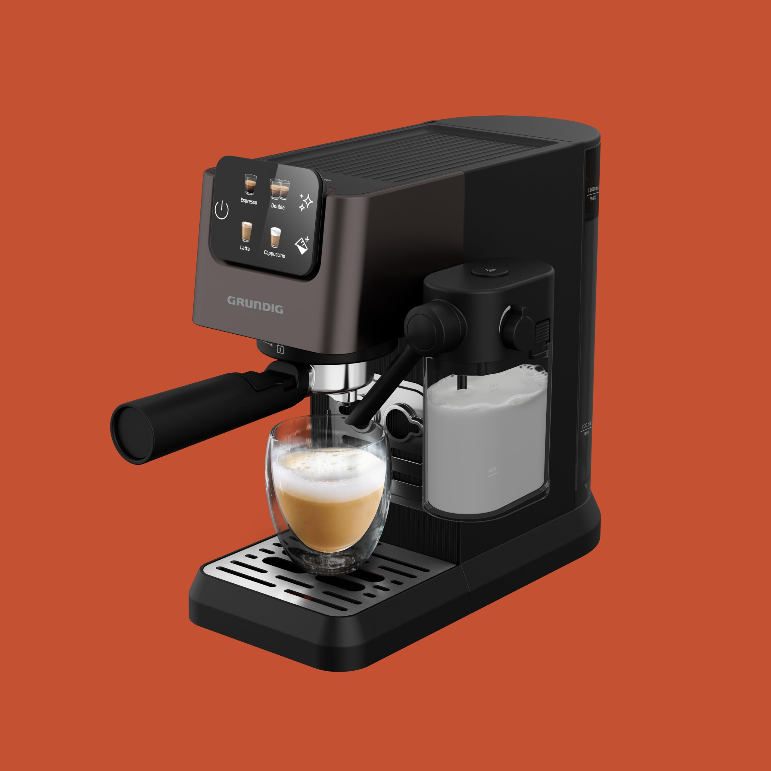 GRUNDIG - KSM 5330 Siebträgermaschine - 1628 W - 15 Bar Pumpendruck - Dark Inox - Milchbehälter 300ml - Touch-Display - BrewSense Technologie - 1,1L Wassertank - Espresso & Cappuccino - Robust 7