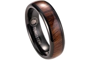 ALOHA JEWELRY COMPANY Tungsten Carbide Genuine Natural Hawaiian Koa Wood Tree Inlay Comfort Fit Ring 8mm 6mm 4mm Wedding Band Dome Style Scratch Resistant Weighted Hypoallergenic High Polished Finish with Gift Box Included