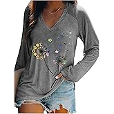 Flowers Graphic Long Sleeve V Neck Tees Shirts for Women Casual Loose Fitted Tshirts Boho Wildflower Trendy Tops Outfits