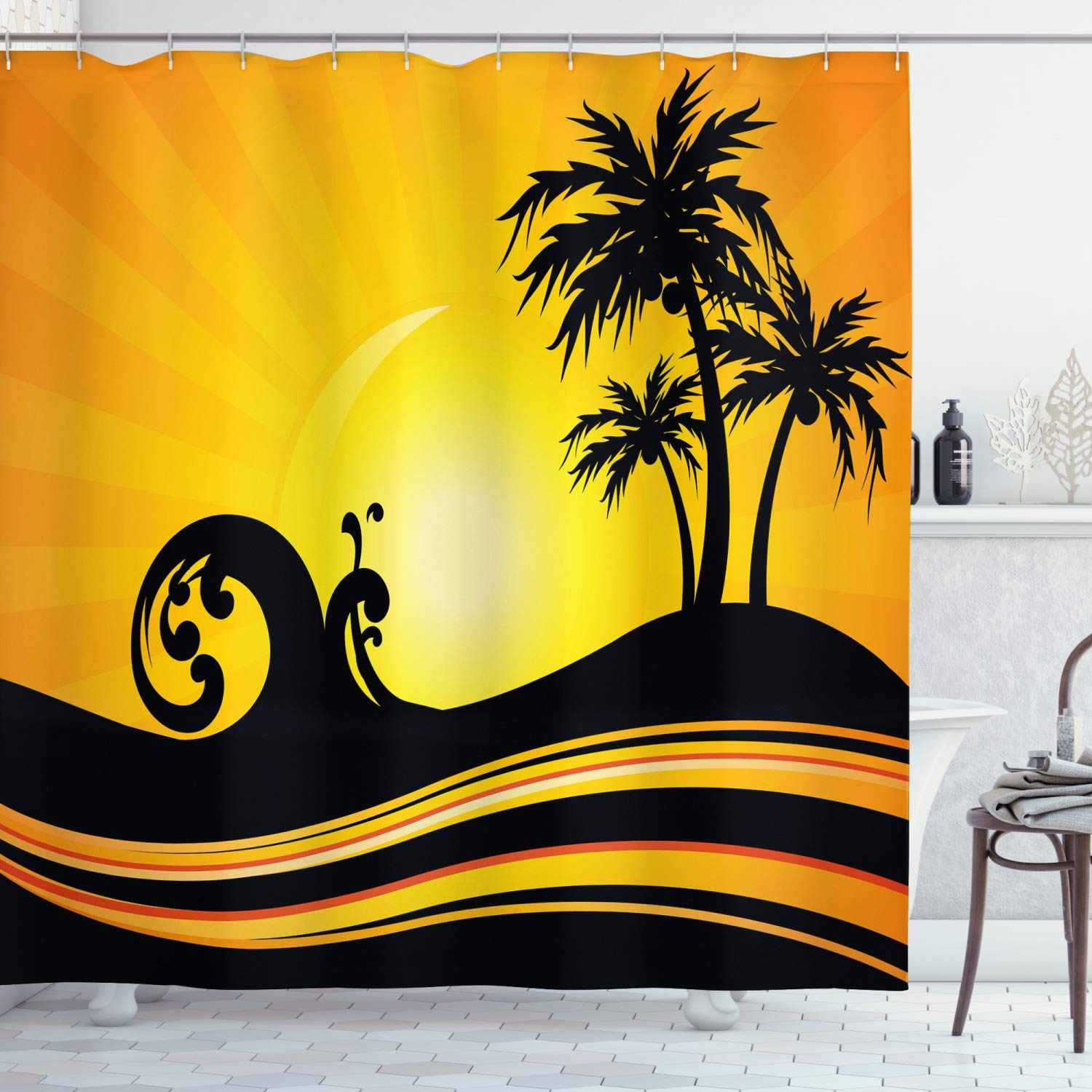 ABAKUHAUS Beach Shower Curtain, Summer Holiday Themed Wave and Tree Silhouette Sun Rays Tropical Composition, Cloth Fabric Bathroom Decor Set with Hooks, 70 Inches, Black Orange Yellow