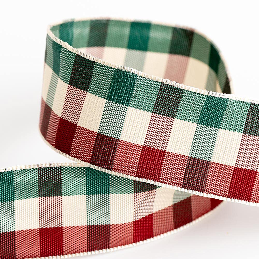 Italian Options Tartan Ribbon 25mm x 10M - Burgundy/Cream/Green