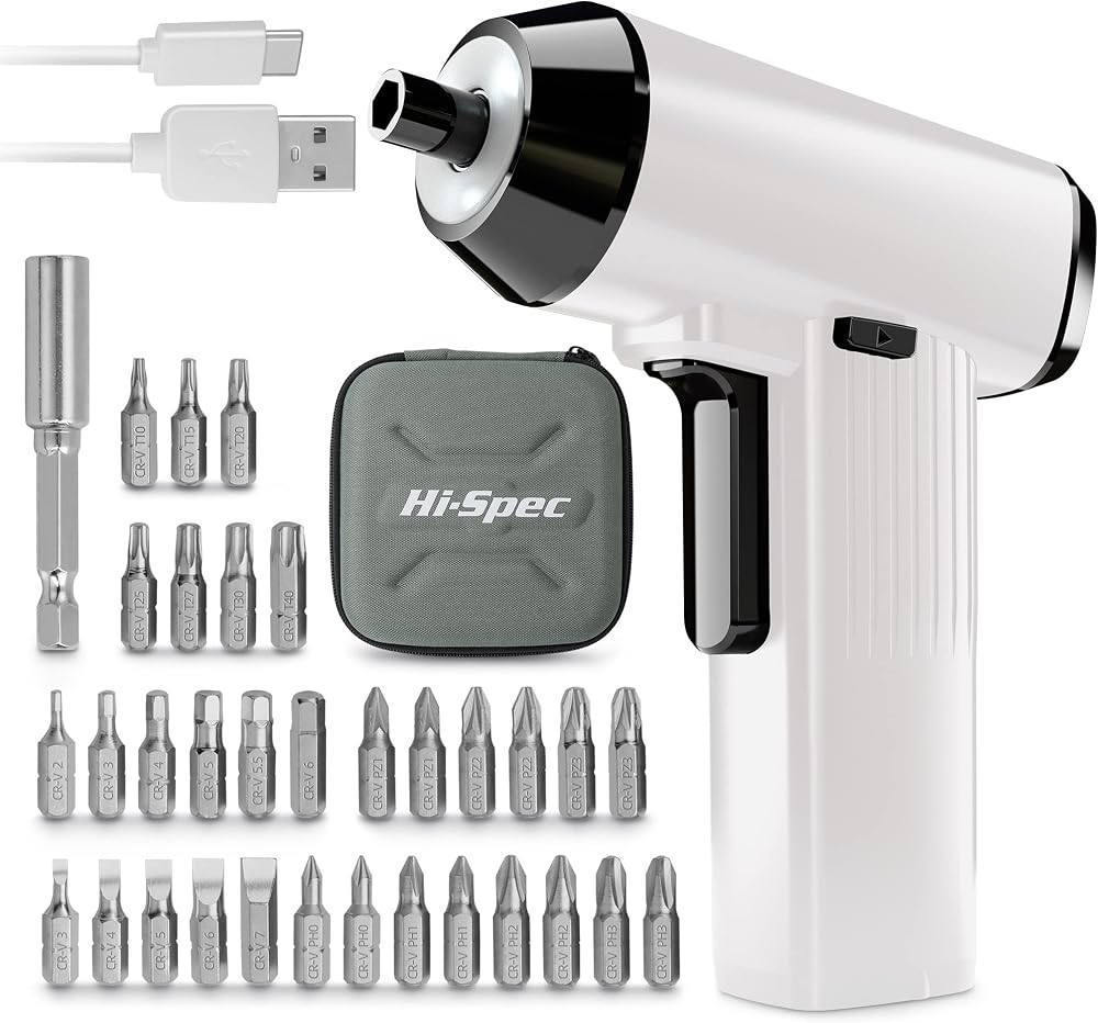 Hi-Spec 34pc White 3.6V Rechargeable Electric Screwdriver USB Charge