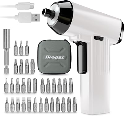 Hi-Spec 34pc White 3.6V Rechargeable Electric Screwdriver USB Charge
