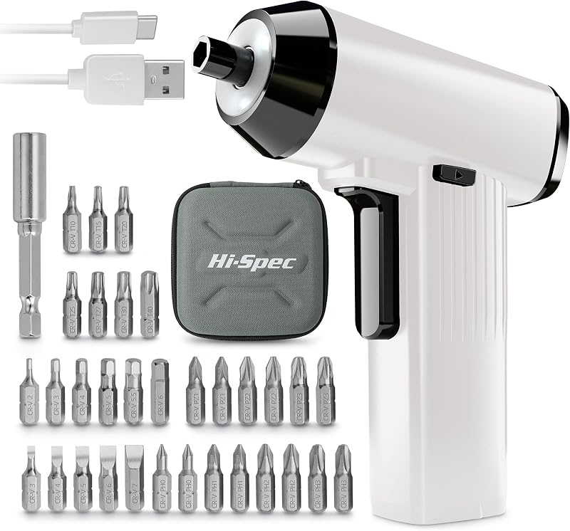 Hi-Spec 34pc White 3.6V Rechargeable Electric Screwdriver USB Charge