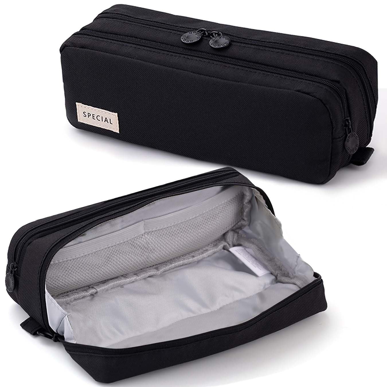 KORSEEN Pencil Pen Case Large Capacity Pencil Pouches Bag with Extendable Big Compartments, Double Zipper Black Pencil Pouch Organizer Bag School Office Aesthetic Supplies for Girls Boys Adults