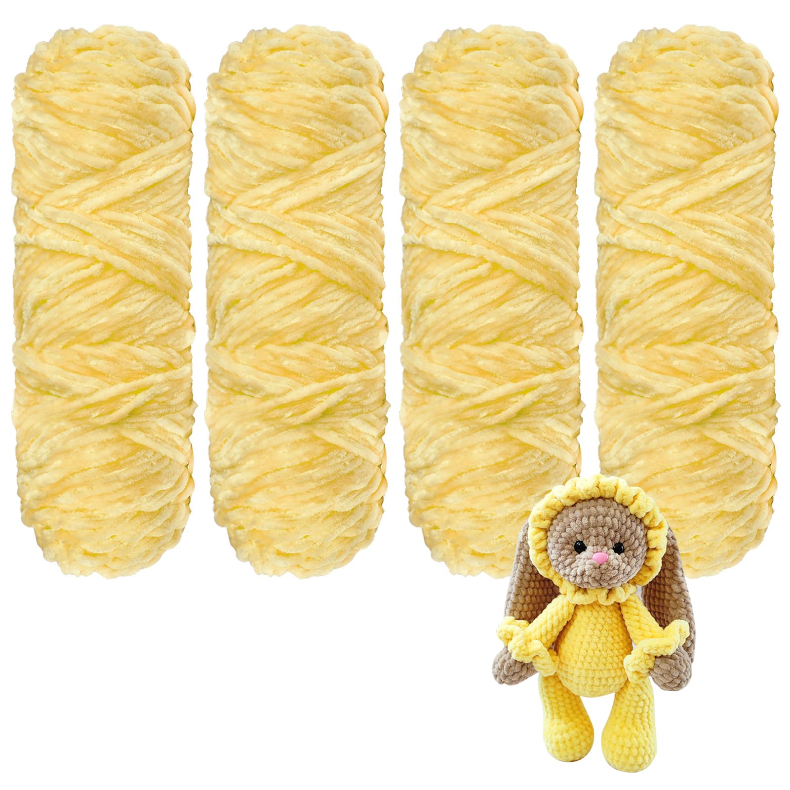 Crochet Yarn Chunky Yarn for Crochet Chunky Wool for Knitting 100g Balls x 4 Chenille Yarn Wool for Crochet Kits for Beginners Adults for Handmade Crafts Hats Blankets Scarves(Yellow, 4pcs-400g)