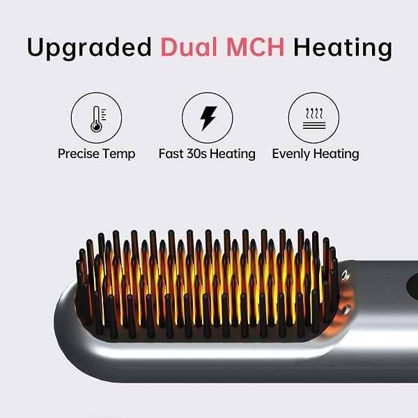 CORDLESS HAIR STRAIGHTENER BRUSH – PORTABLE STRAIGHTENER BRUSH WITH 9 TEMP SETTINGS, MINI STRAIGHTENING COMB FOR TRAVEL, 9600MAH RECHARGEABLE BATT & 224 MILLION NEGATIVE IONS (METALLIC GREY)