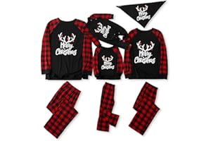 IFFEI Matching Family Pajamas Sets Christmas PJ's with Letter and Plaid Printed Long Sleeve Tee and Bottom Loungewear