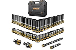boen 3/8" Drive Impact Socket Set, 48-Piece Metric & SAE Size (8-22mm & 5/16"-3/4"), 6-Point Deep & Shallow Socket Set with E
