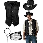 Western Outfits for Men 4Pcs Men's Cowboy Costume Set – Cowboy Vest Hat Western Belt Bolo Tie Party Halloween Gifts