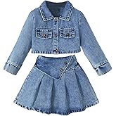 MakeMeChic Toddler Baby Girl 2 Piece Cute Outfits Long Sleeve Collared Denim Jacket and Pleated A Line Jean Skirt Sets