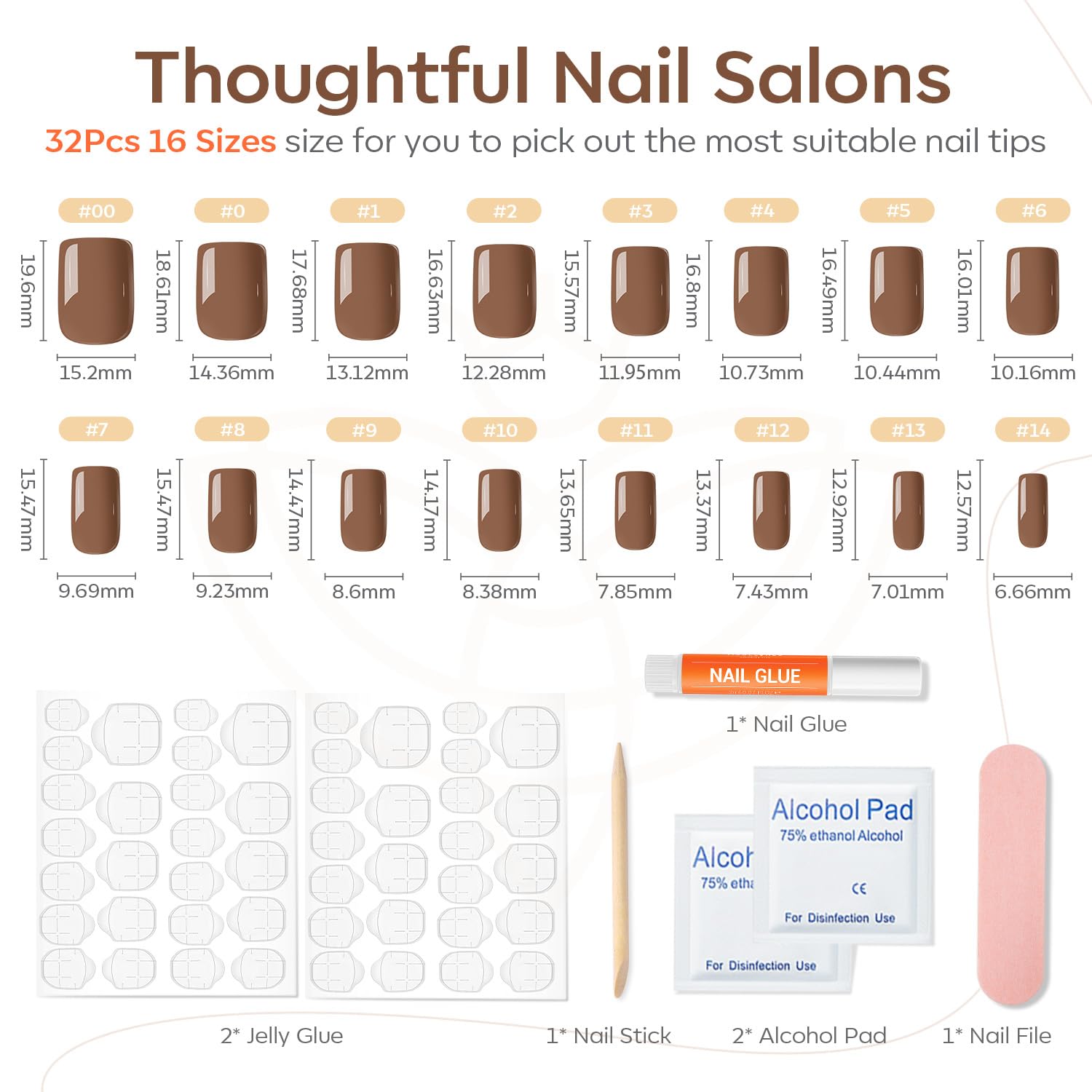 Modelones 32Pcs Fall Brown Press on Nails, Upgrade Short Square Fake Nails, Reusable Nail Kit with Nail Glue Adhesive Tabs Mini Nail File, Nails Press Ons 16 Sizes - Image 3