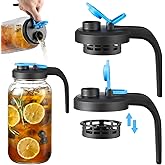 [UPGRADED LID] Wide Mouth Mason Jar Pour Spout Lids with Detachable Filters - 2 Pack Flip Top Pitcher Lids with Handle for Ball, Kerr & Others- Leak Proof Seal Cover Cap, Dishwasher Safe, Food Grade