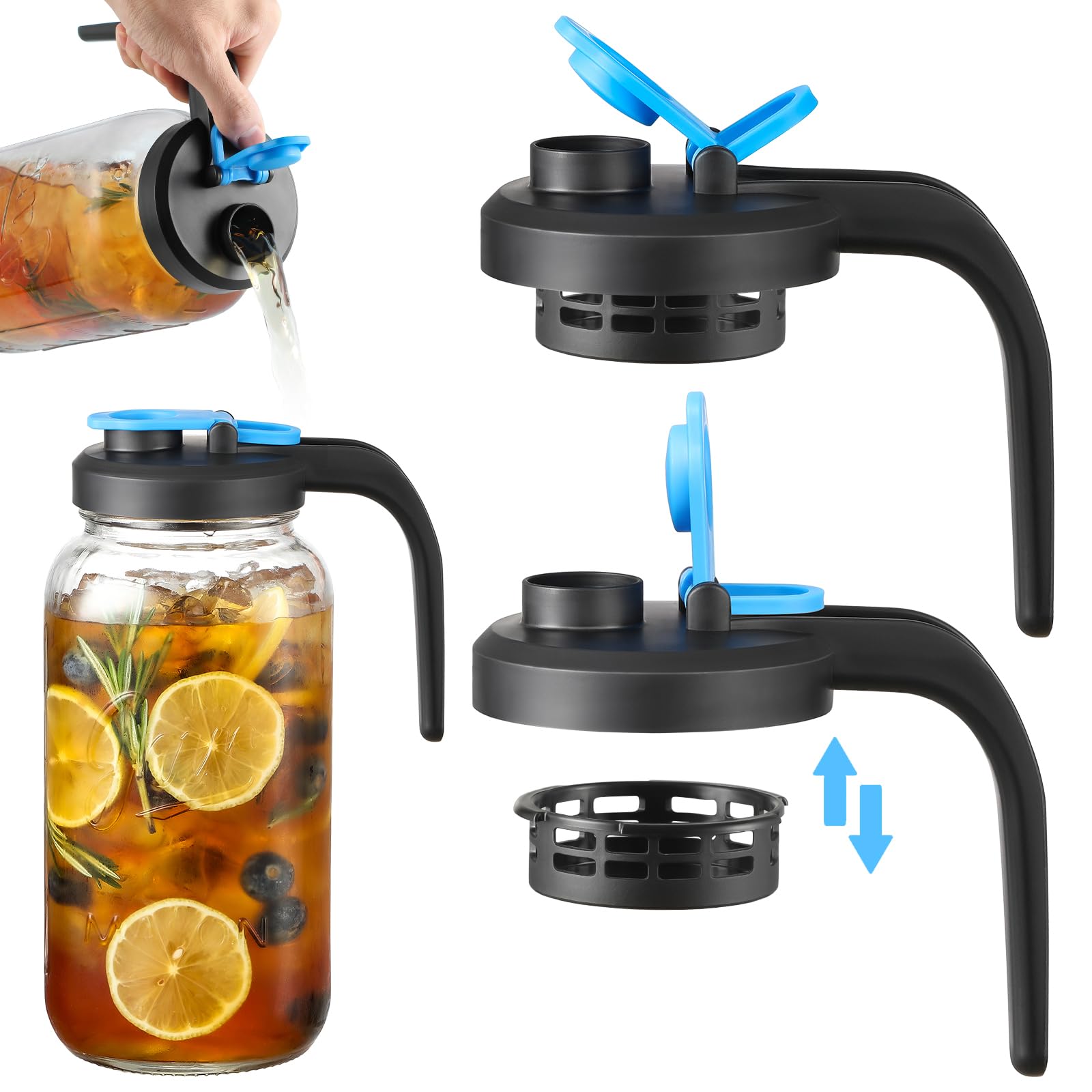 View 1 of [UPGRADED LID] Wide Mouth Mason Jar Pour Spout Lids with Detachable Filters - 2 Pack Flip Top Pitcher Lids with Handle for Ball, Kerr & Others- Leak Proof Seal Cover Cap, Dishwasher Safe, Food Grade