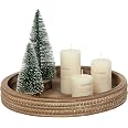 Carah & Cossh Round Wooden Serving Tray – 16" Whitewashed Fir Wood Decorative Tray With Bead Trim – Farmhouse Rustic Display Tray For Vanity Or Table (Brown)