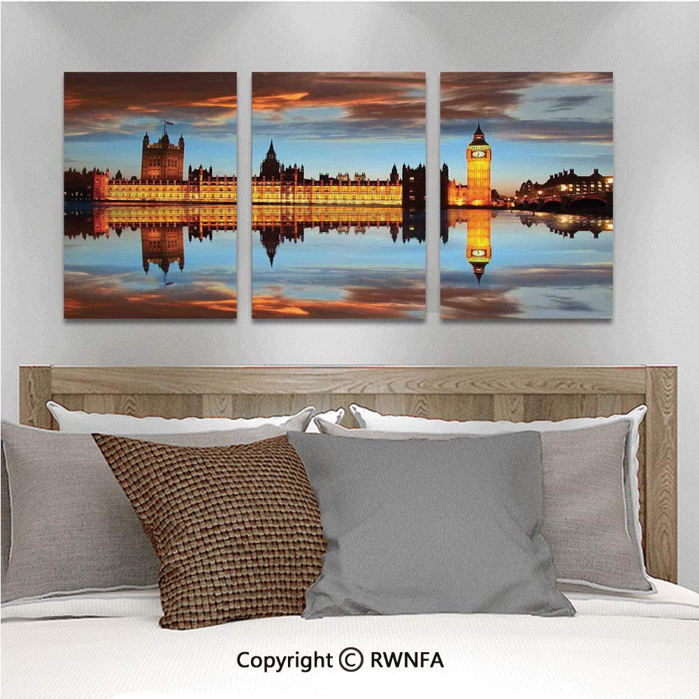 3pcs/Set Oil Painting Wall Art Splendent Scene of Big Ben Westminster Cloudy Night Thames River Image Cubism Printed on Canvas Picture Modern Art for Home Decoration 13.8x19.7inch,Warm Taupe Orange Y