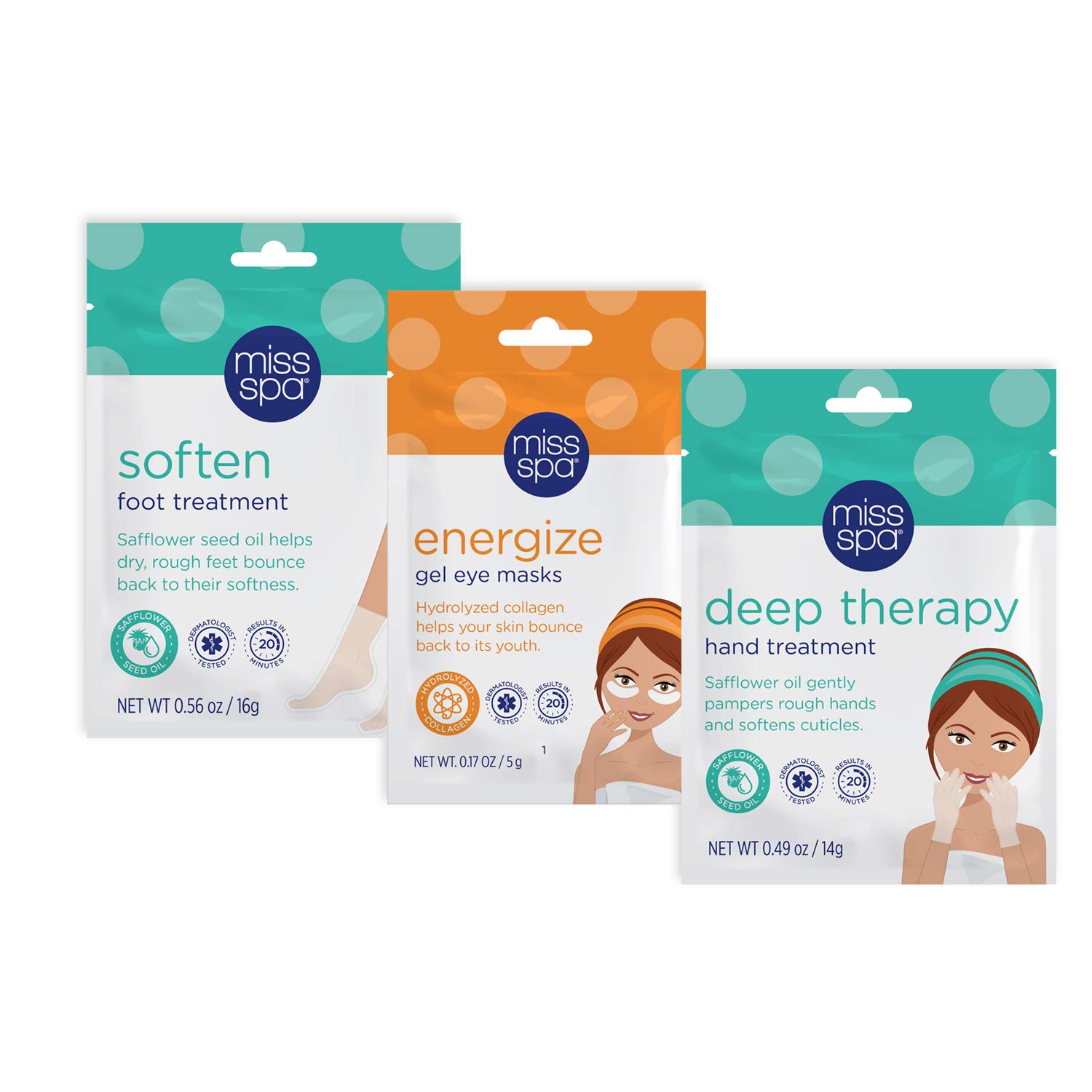 Miss Spa Recharging Gel Eye Mask and Hand and Foot At-Home Spa Treatment Set, Hydrates and Softens Skin, Anti-Aging, Anti-Wrinkle, Skin Care for Women, 3-Pack