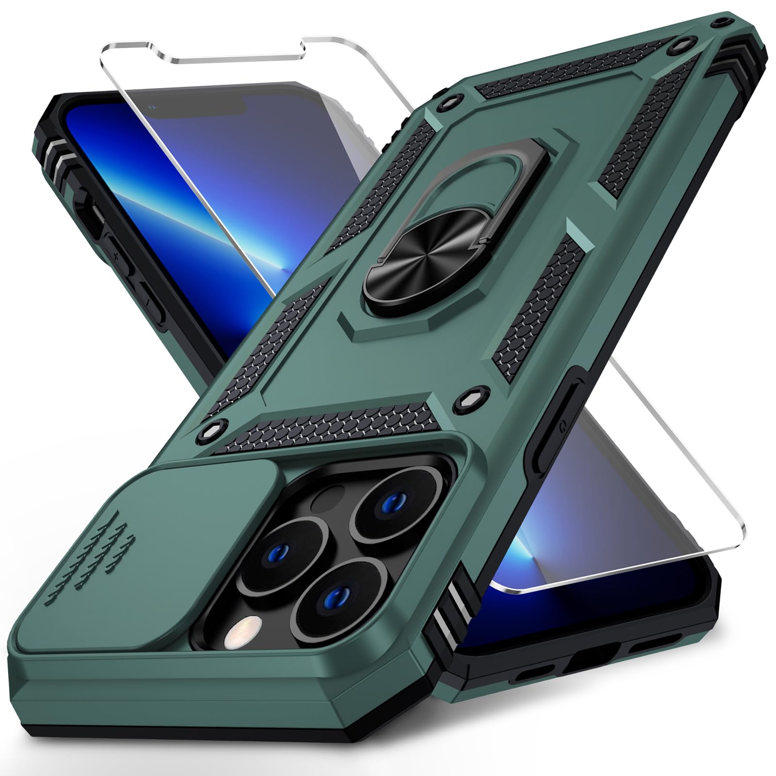 for iPhone 12 Pro Max Case with Camera Lens Cover, HD Screen Protector, 10 FT Military Grade Drop Protection, Magnetic Ring Holder Kickstand Protective Phone Case for iPhone 12 Pro Max ,Pine Green