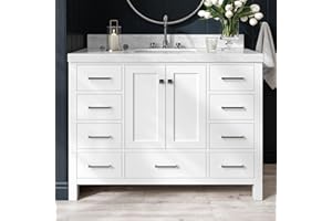 ARIEL Cambridge 48" White Bathroom Vanity with Sink, 2" Edge Italian Carrara Marble Countertop & Backsplash, Center Rectangular Sink, 2 Soft Closing Doors, 9 Full Extension Dovetail Drawers
