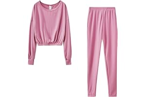 Maqroz Women Solid Lounge Set 2 Piece Long Sleeve Crewneck Sweatshirt Eleastic Hem and Long Pants Casual Sweatsuits Set