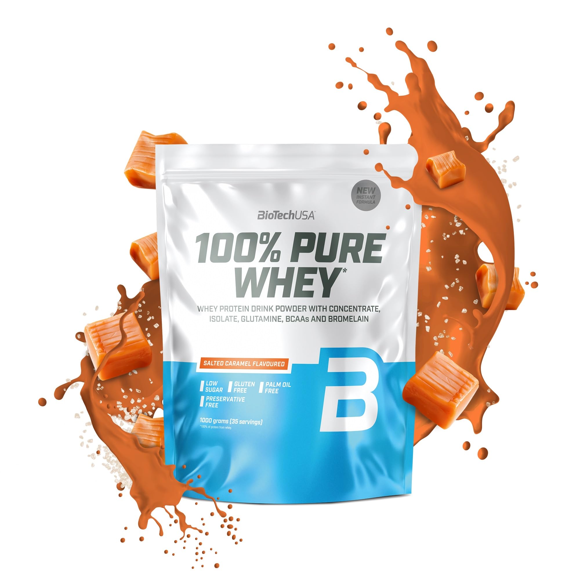BioTechUSA 100% Pure Whey | Protein Powder with BCAA and Glutamine | Gluten-Free, Palm Oil Free | 21g Protein per Serving, 1 kg, Salted Caramel