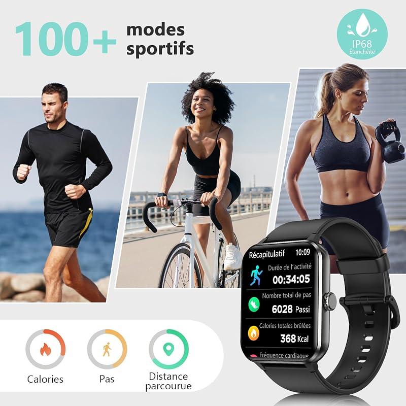 Montre Connectée Homme Femme, Appel Bluetooth, 1,85" HD, Noir