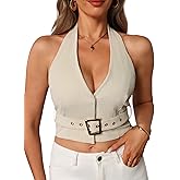 winkbay Women's Backless Halter Crop Top Elegant Belted Deep V Neck Sleeveless Evening Party Tops