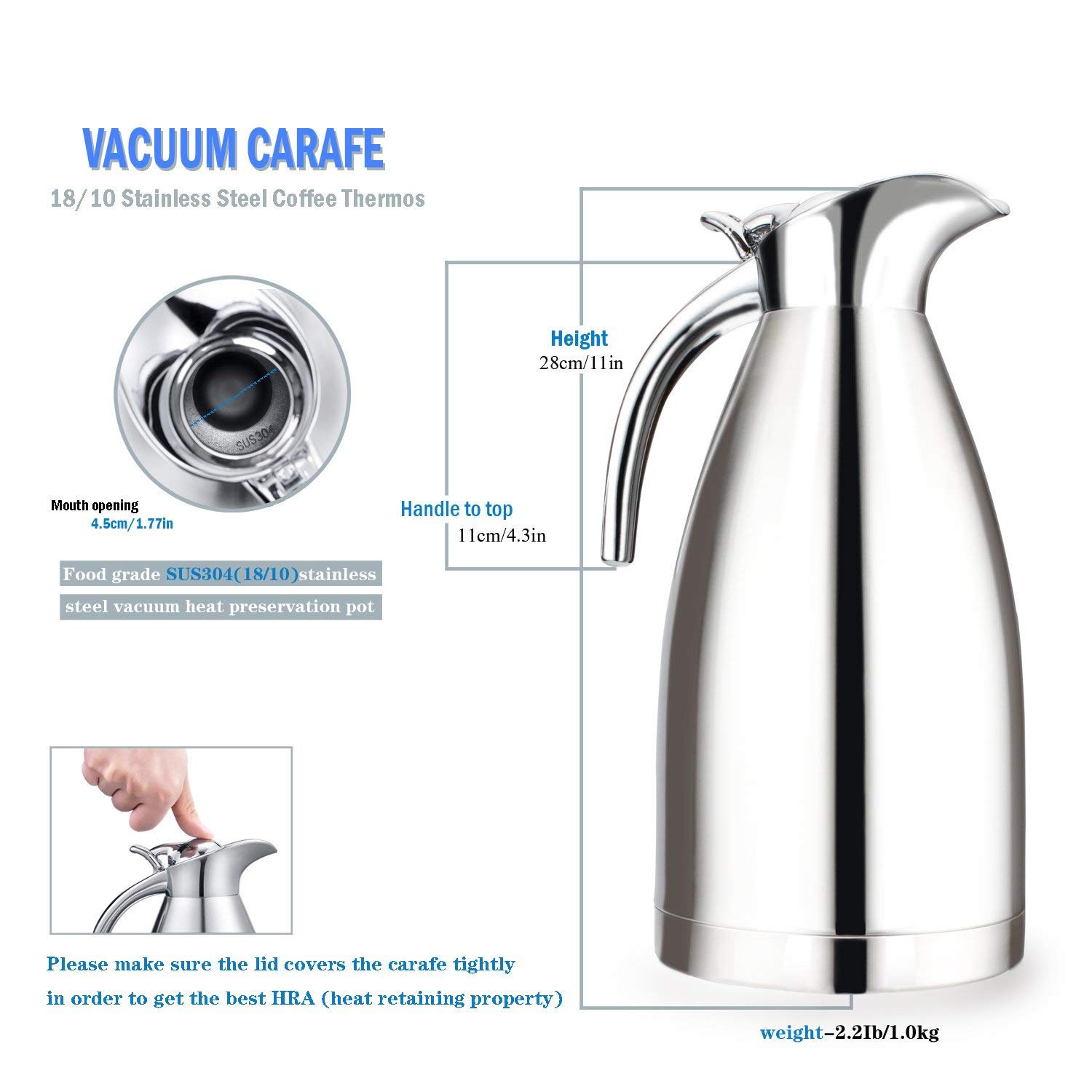 Coffee Pot Stainless Steel 68 oz/2 liter, 18/10 Stainless Steel Coffee Thermos - Double Walled Vacuum Carafe Insulated