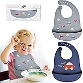 BEBE FAVOUR 2 Pack Silicone Baby Bibs Adjustable Fit Waterproof Bib With Leak Proof Food Pouch Catcher for Eating Boys Girls