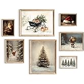 TWNSLLA Vintage Wall Art Set of 7,Vintage Christmas Wall Decor,Moody Snowy Landscape Painting Winter Wall Art,Reindeer Pine Tree Santa Claus Art Prints,Retro Christmas Pictures Wall Decor Living Room Bedroom,Unframed